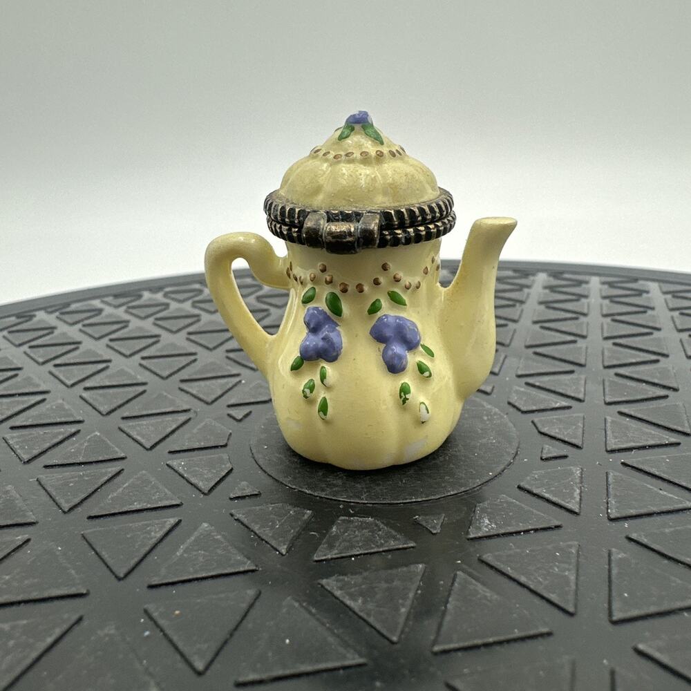 Small Yellow Tea Pot with Lilac Trinket Box Pill Box